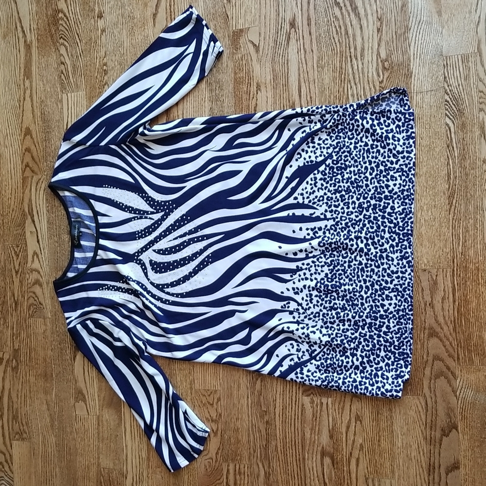 (M) Creation Animal Print 3/4 Sleeve Long Top Bejeweled Zebra Stripe Leopard